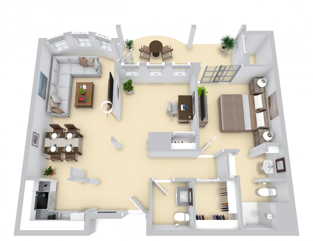A 3D floor plan showcasing a modern apartment layout with designated living, dining, bedroom, and kitchen areas.