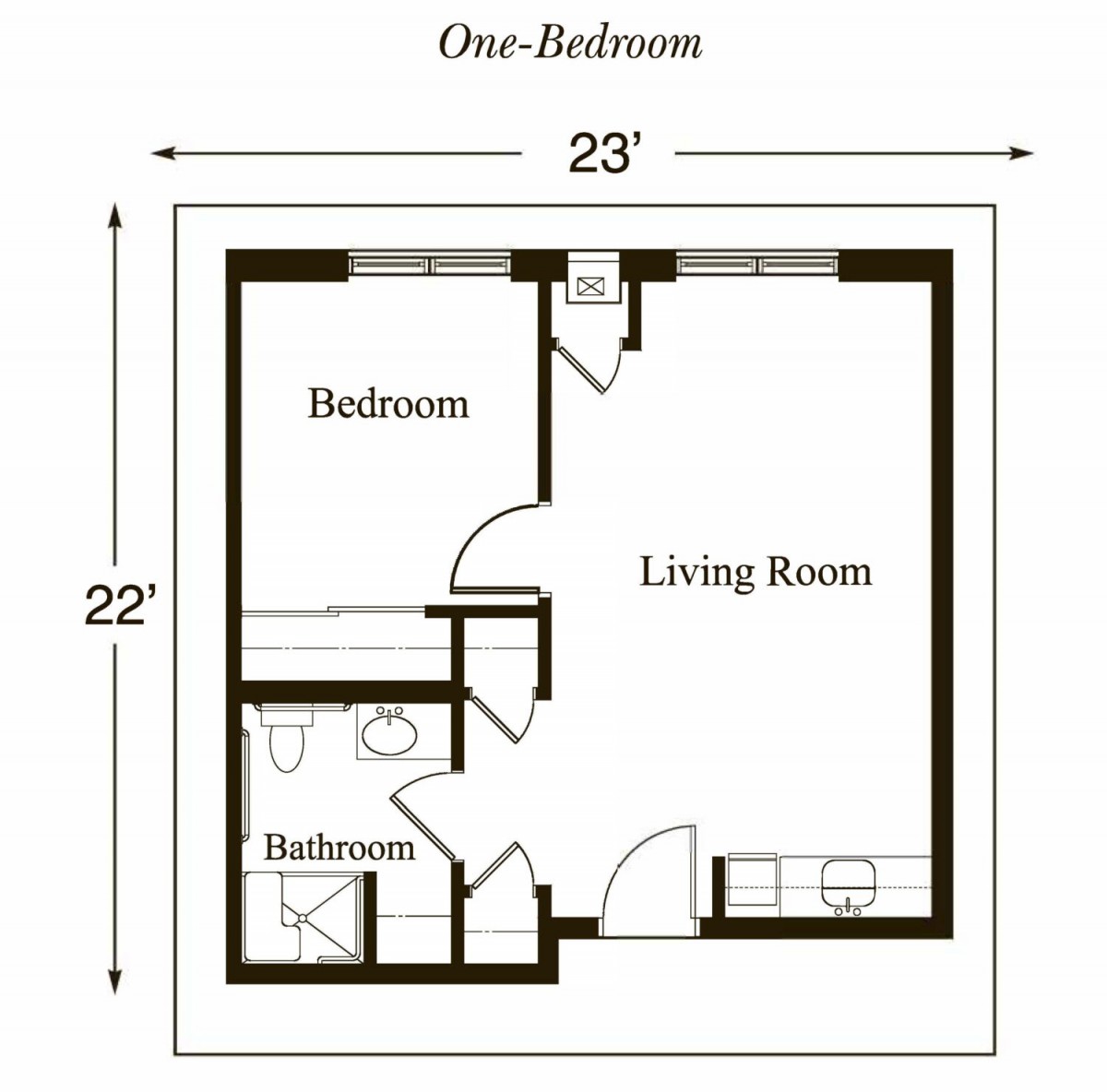 A one-bedroom apartment floor plan with a living room, bedroom, and bathroom layout.