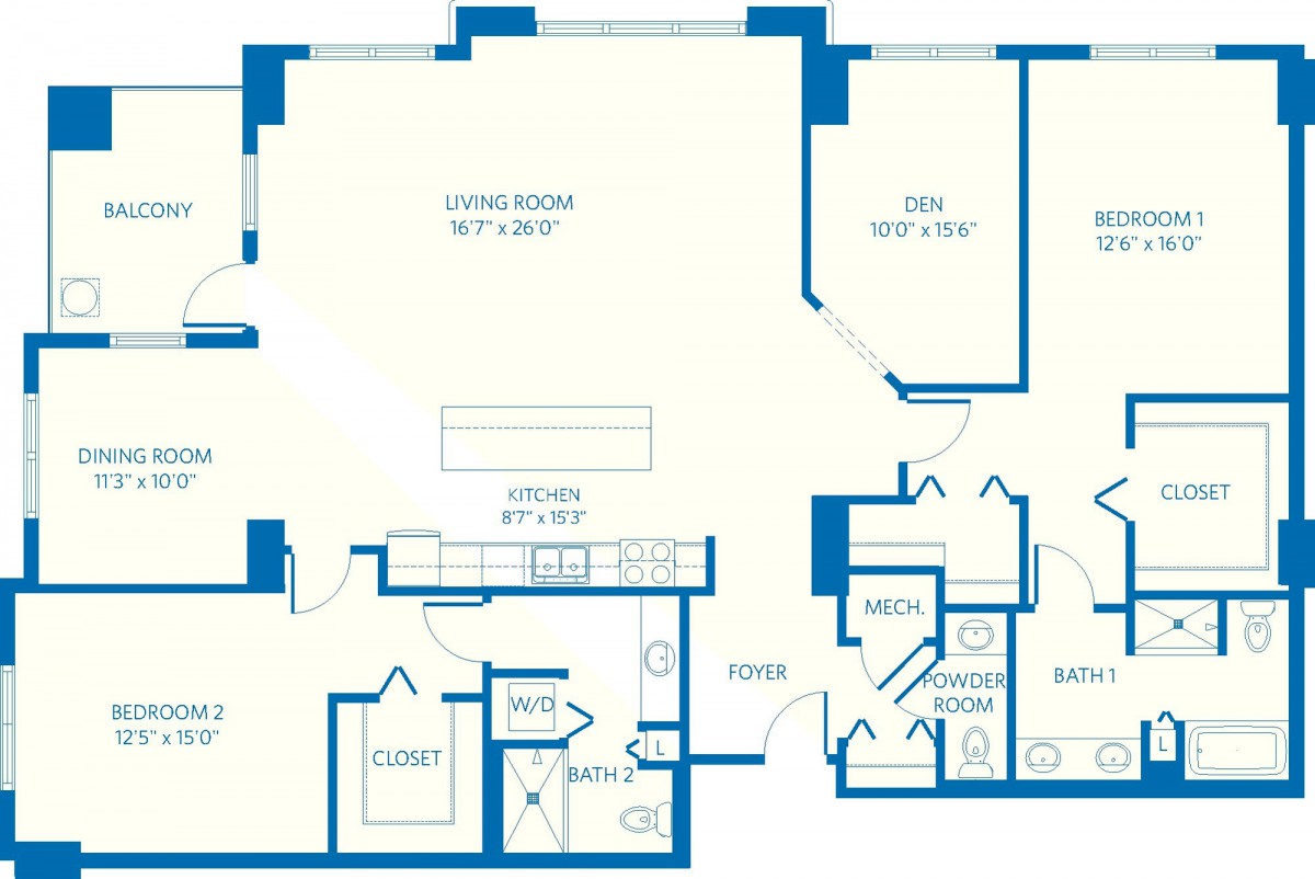 A detailed floor plan of an apartment with labeled rooms and dimensions.