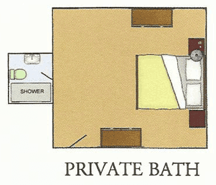 A floor plan showing a bedroom with a private bathroom and shower.
