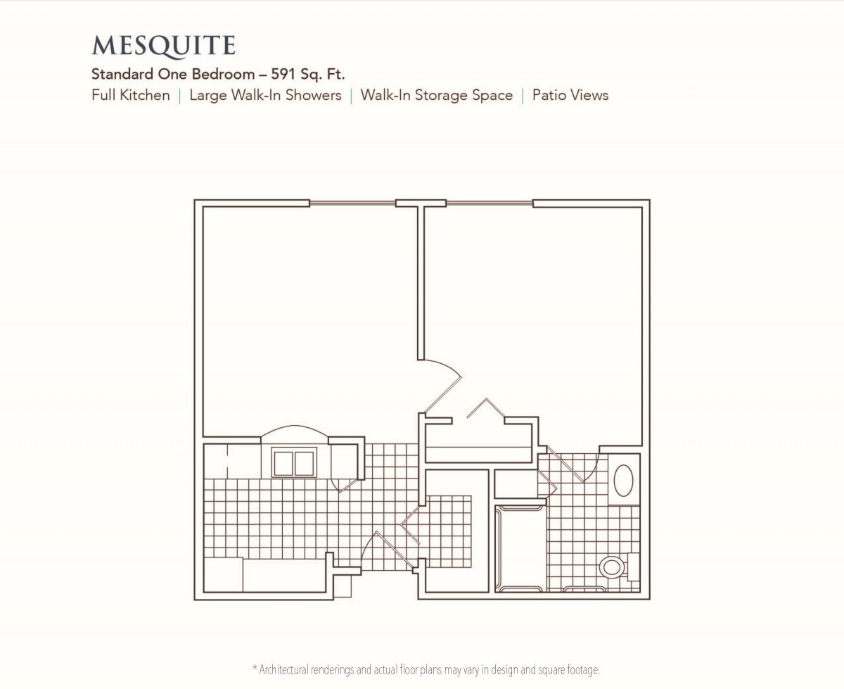 Floor plan of a one-bedroom apartment, featuring amenities like full kitchen and patio views.