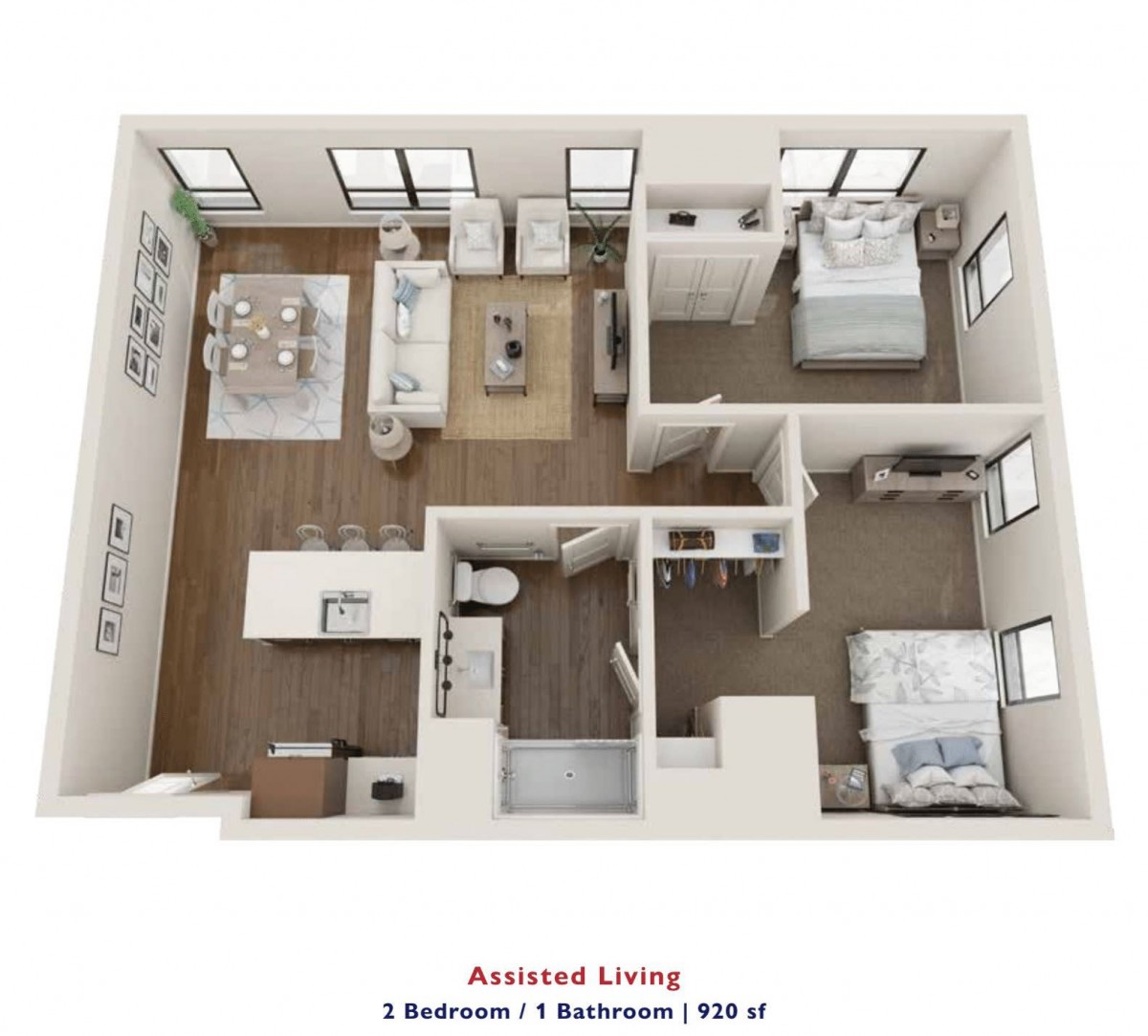 Two-bedroom apartment layout with an open living and dining area.