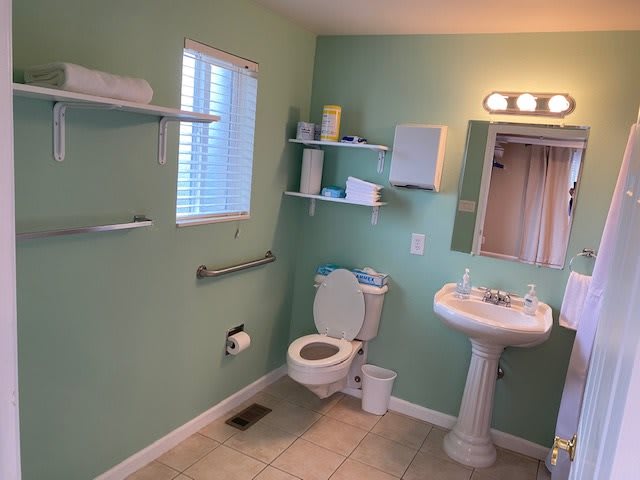 A clean bathroom with green walls, featuring a toilet, a sink with a mirror, and shelves stocked with toiletries.