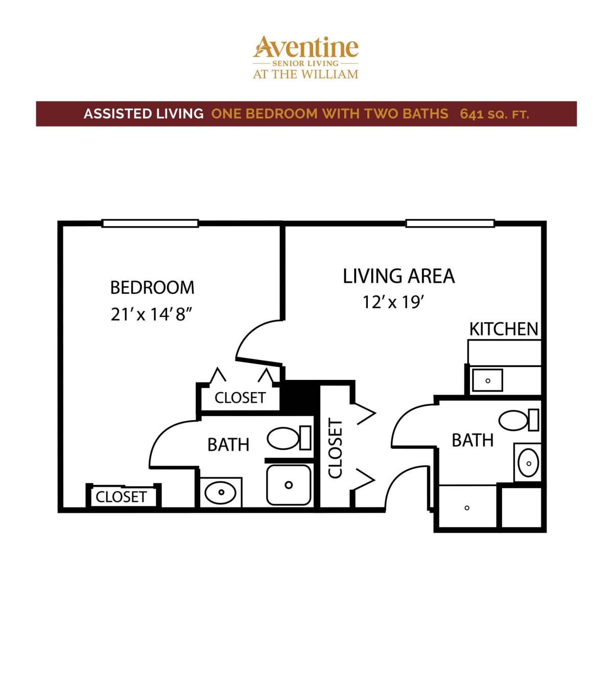 Assisted living floor plan featuring one bedroom, a living area, kitchen, and two bathrooms.