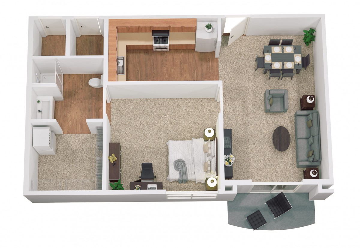 A detailed floor plan of a one-bedroom apartment featuring a kitchen, living room, dining area, and bathroom.