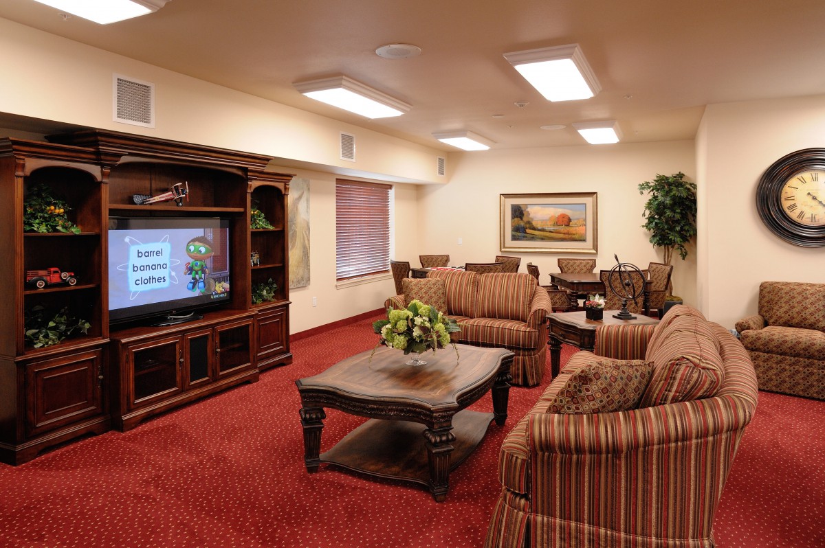 A cozy living room with a television, sofas, and a coffee table on a red carpet.