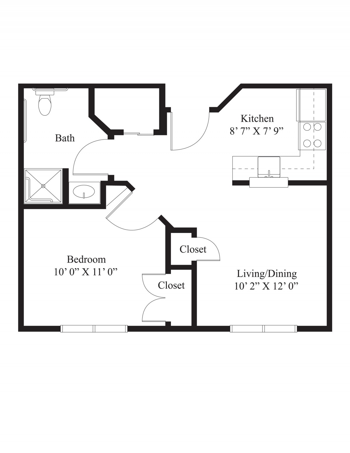 One-bedroom apartment floor plan with kitchen, living/dining area, bathroom, and two closets.