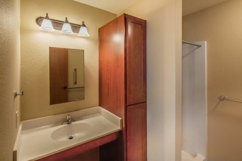 A bathroom featuring a sink with a wooden cabinet, a mirror, and vanity lighting next to a shower area.