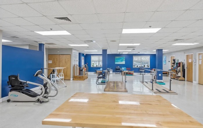 A spacious rehabilitation center equipped with various exercise machines and therapy tools.