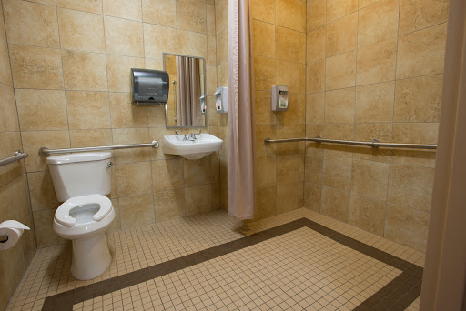 A well-maintained accessible bathroom featuring a toilet, sink, and shower.