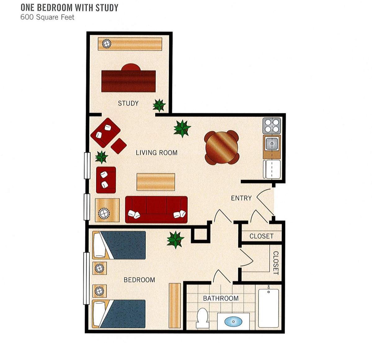 One-bedroom apartment floor plan with a study and living area.