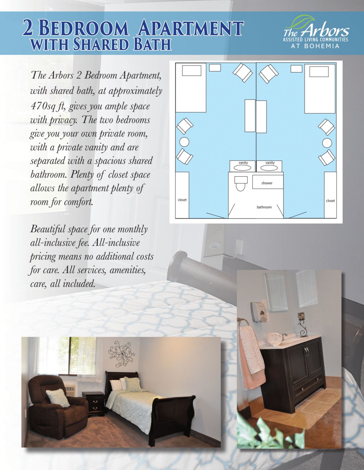Two-bedroom apartment with floor plan and interior views.