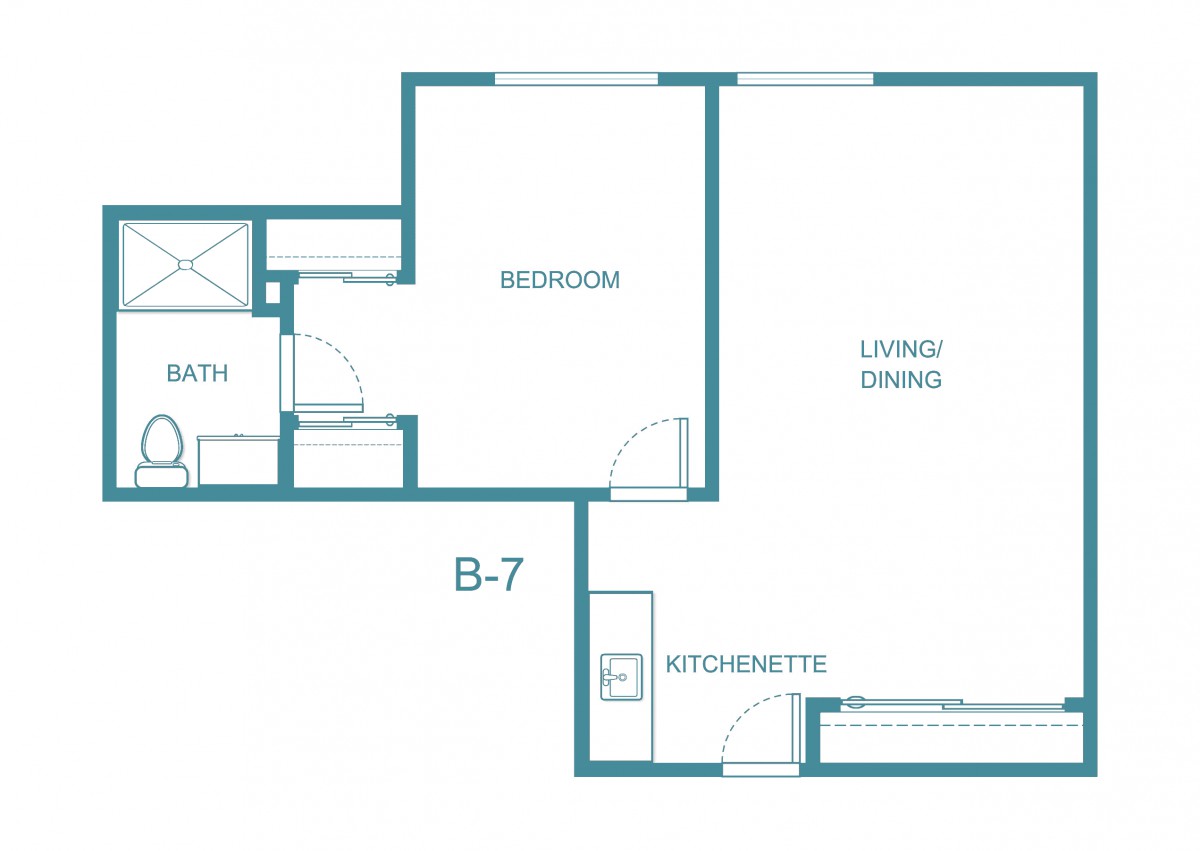 A simple floor plan of an apartment with a bedroom, bathroom, living/dining area, and kitchenette.