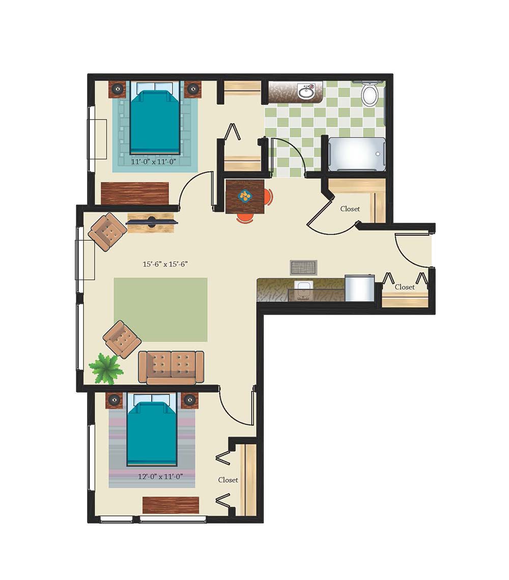 A floor plan of a two-bedroom apartment with a living room, kitchen, and bathroom.