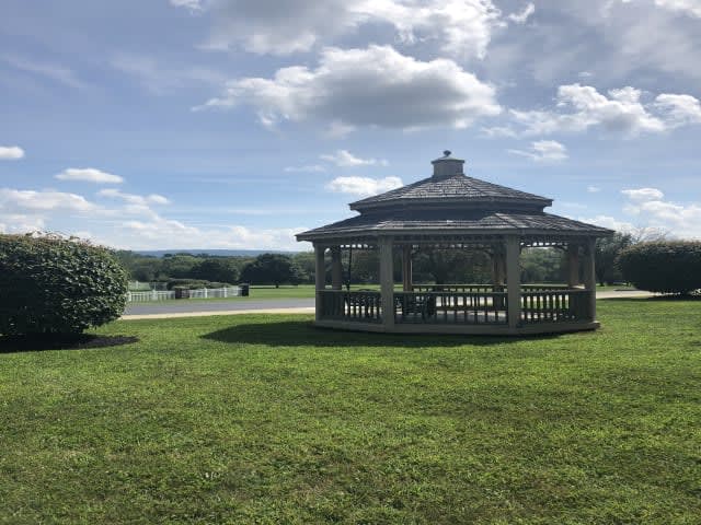 A wooden gazebo stands on a lush green lawn under a partly cloudy sky.