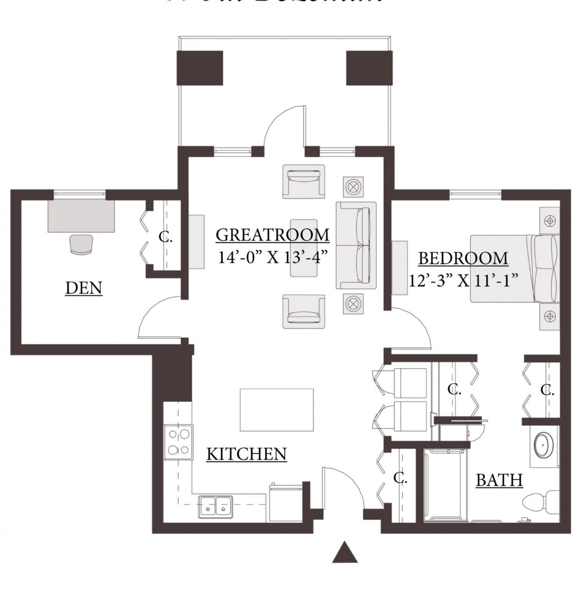 A detailed floor plan showing the arrangement of a house, including a great room, bedroom, kitchen, den, and bathroom.