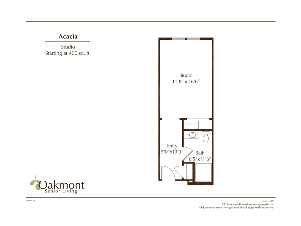 A floor plan of a studio apartment from Oakmont, detailing dimensions and layout.