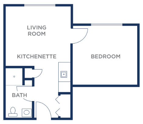 A simple apartment floor plan with a living room, kitchenette, bedroom, and bathroom.