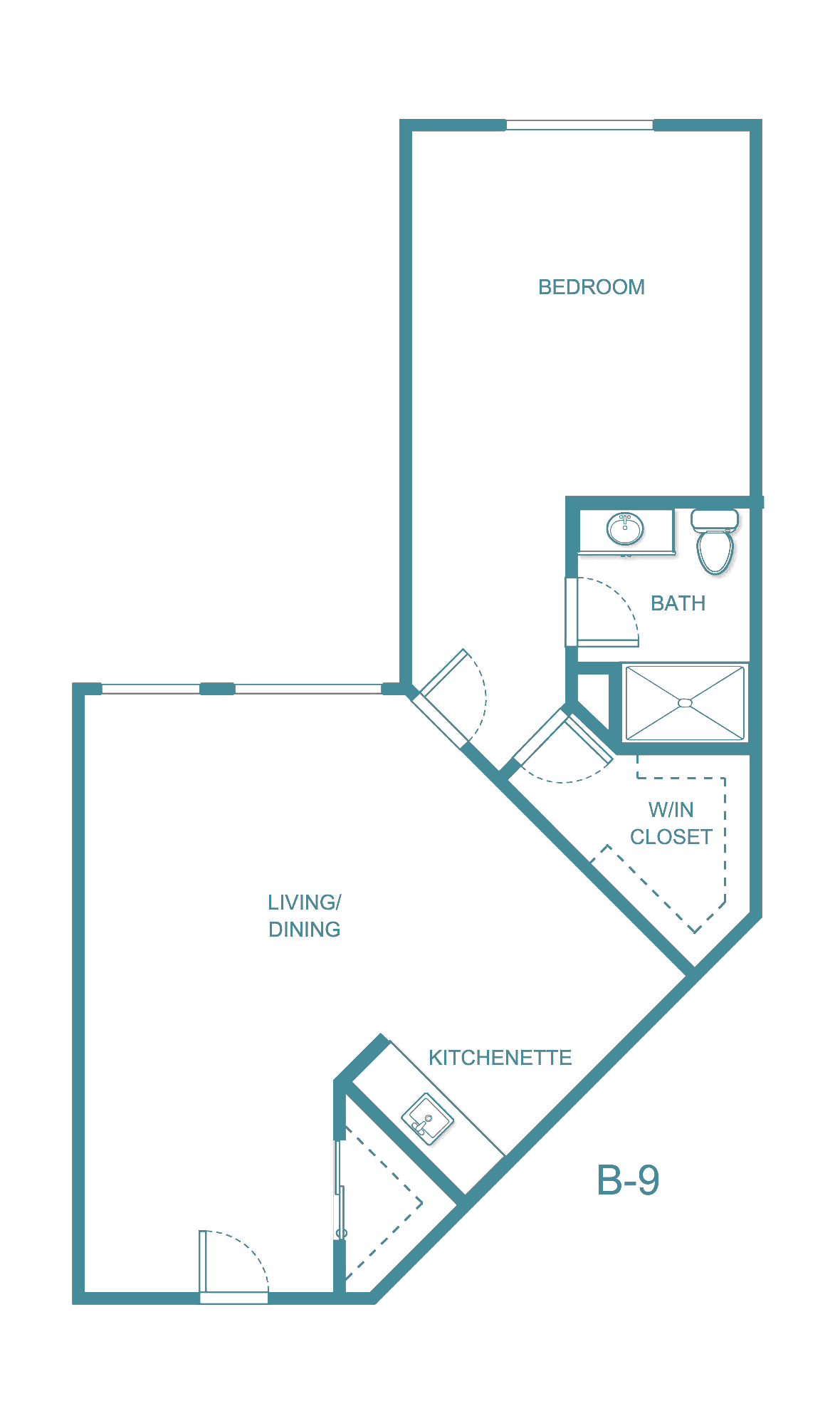Studio apartment floor plan with kitchenette and bathroom.