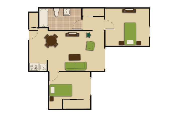 A floor plan of a two-bedroom apartment featuring a living room, kitchen, and bathroom.