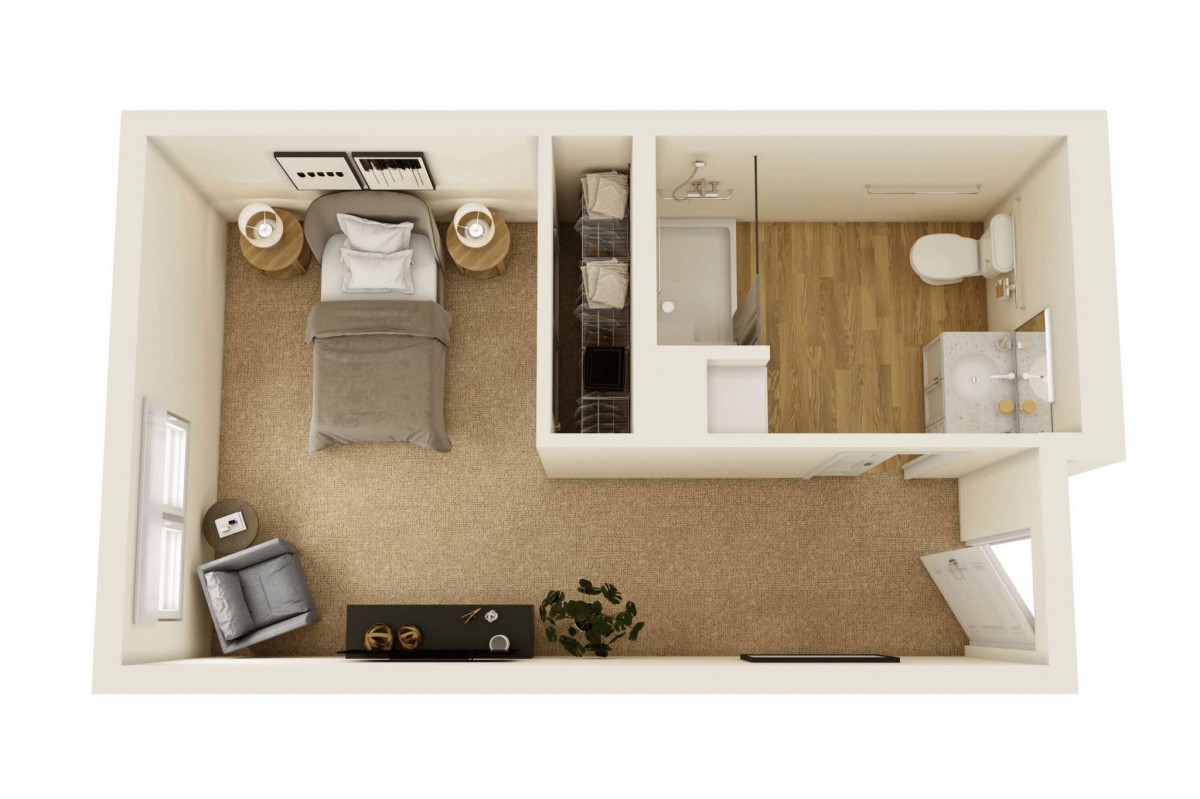 A simple floor plan showing a bedroom with adjacent bathroom and furniture layout.