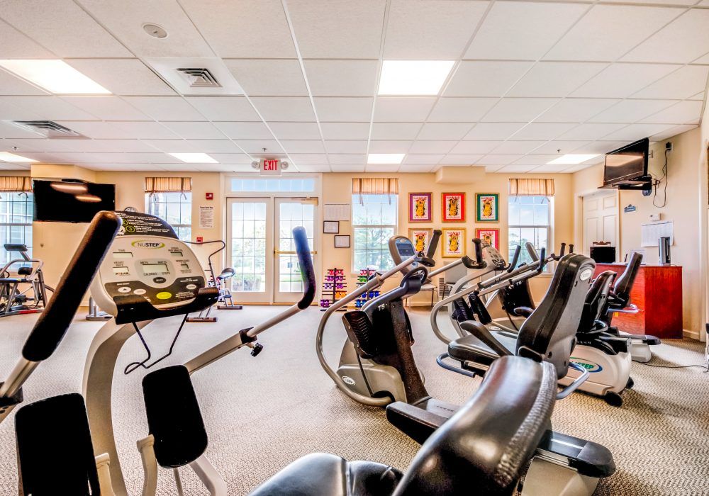 A well-equipped gym with various exercise machines and bright lighting.
