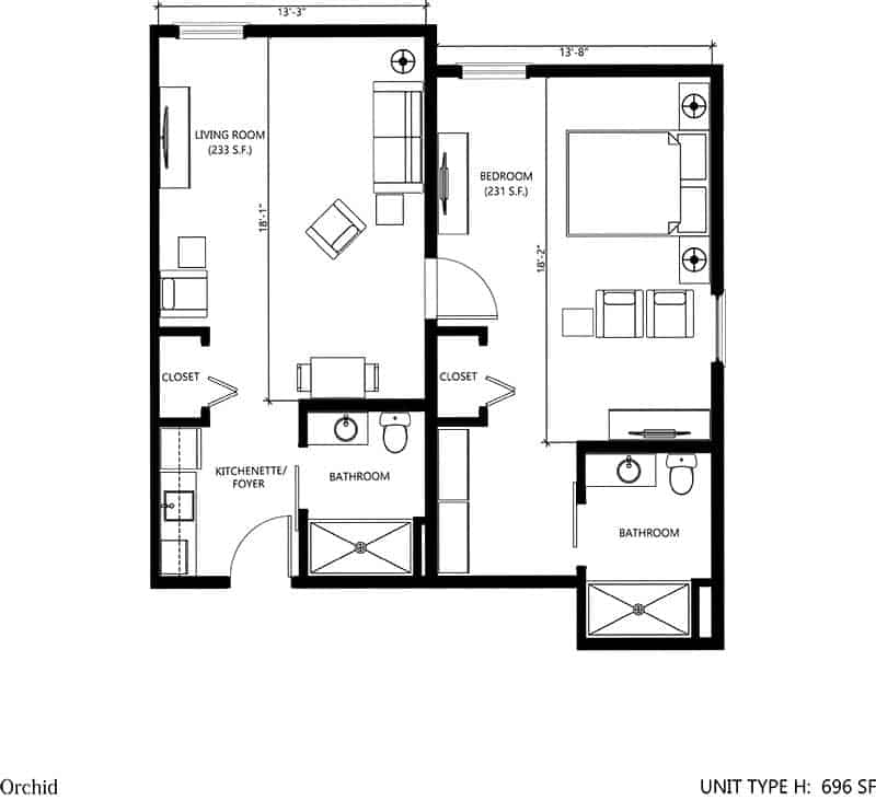 A two-bedroom apartment floor plan showing the arrangement of rooms and furniture.