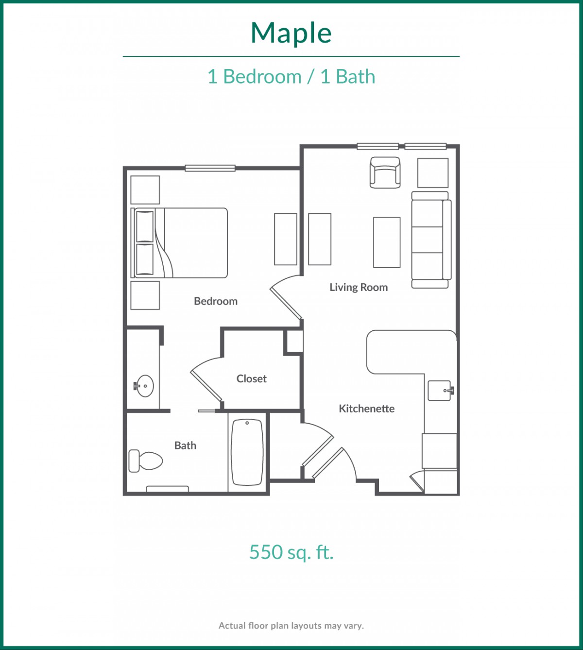Floor plan of a 1-bedroom, 1-bathroom apartment with a living room and kitchen, measuring 500 square feet.