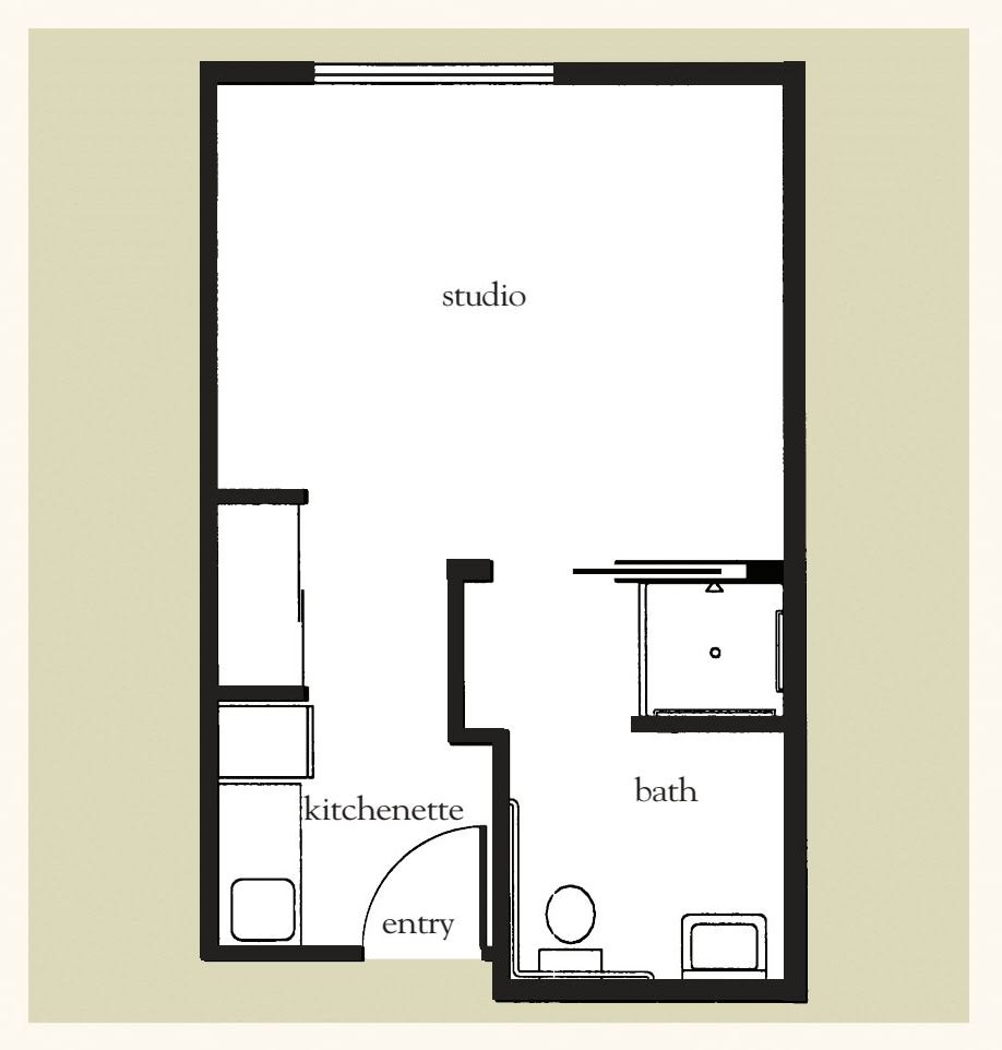 A simple floor plan of a studio apartment, including a kitchen and bath area.