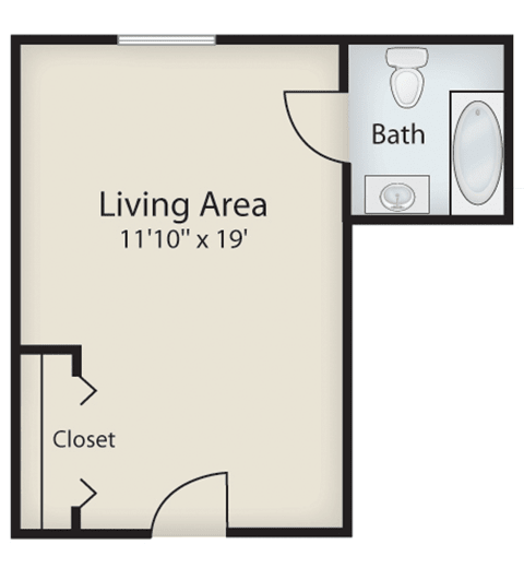 A floor plan of a studio apartment featuring a living area and a bathroom.