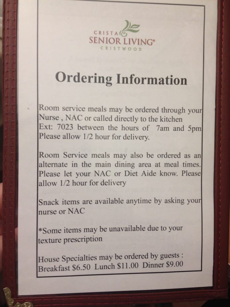 Instructions for ordering meals, including room service details and timings.