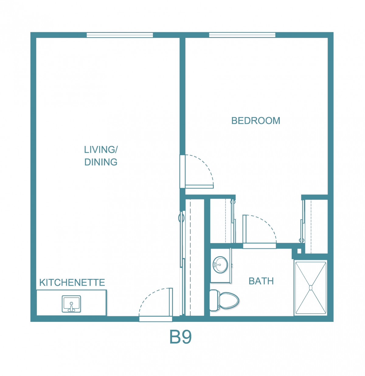 This is a floor plan of an apartment labeled 'B9', featuring a kitchenette, living/dining area, one bedroom, and a bathroom.