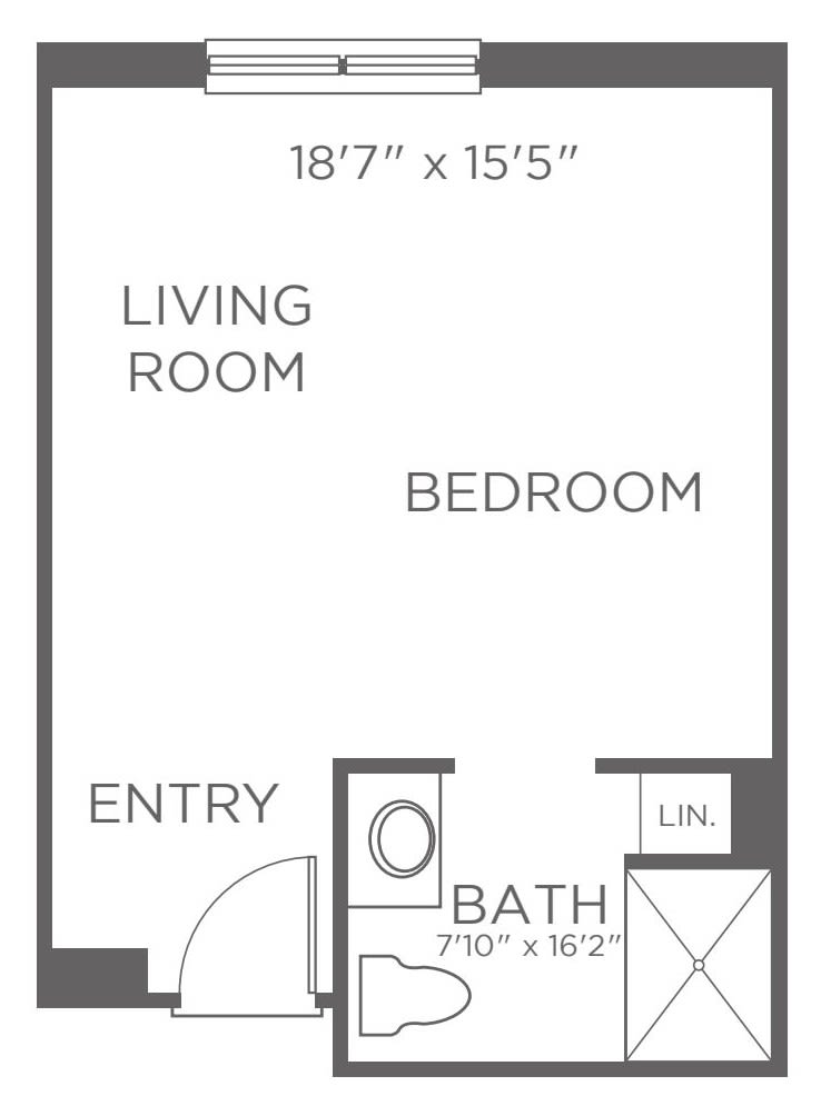 Studio apartment floor plan with combined living and bedroom area.