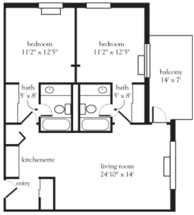 An architectural floor plan showing the layout of an apartment with two bedrooms, two bathrooms, a kitchen, living room, and balcony.