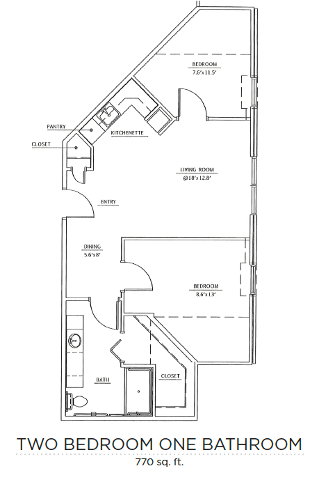 Floor plan of an apartment with designated areas for living, kitchen, and bedroom.