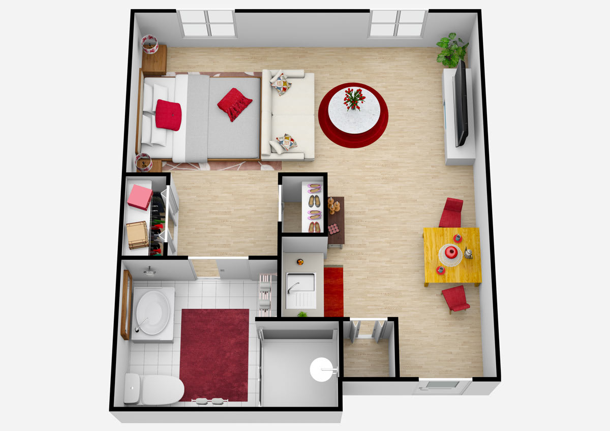 A 3D floor plan of a one-bedroom apartment showcasing the living room, kitchen, and bathroom.