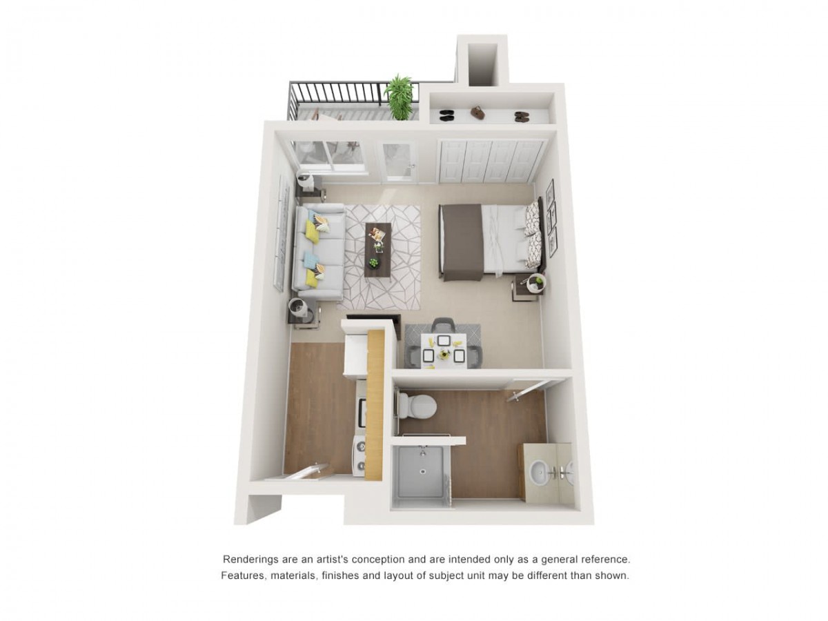 A 3D floor plan of a compact one-bedroom apartment featuring a living area, kitchen, bathroom, and balcony.