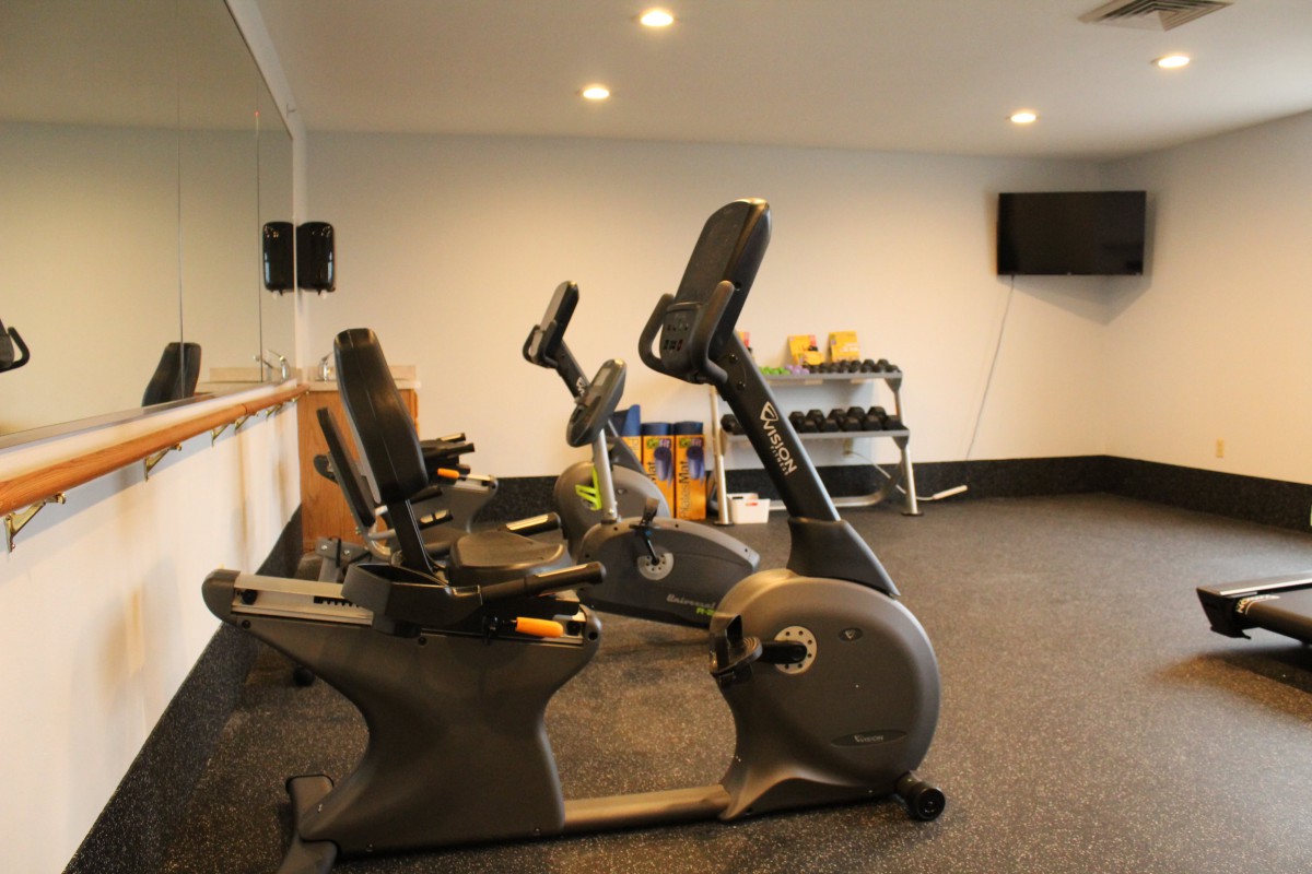 A modern gym with stationary bikes and dumbbells arranged in a workout room.