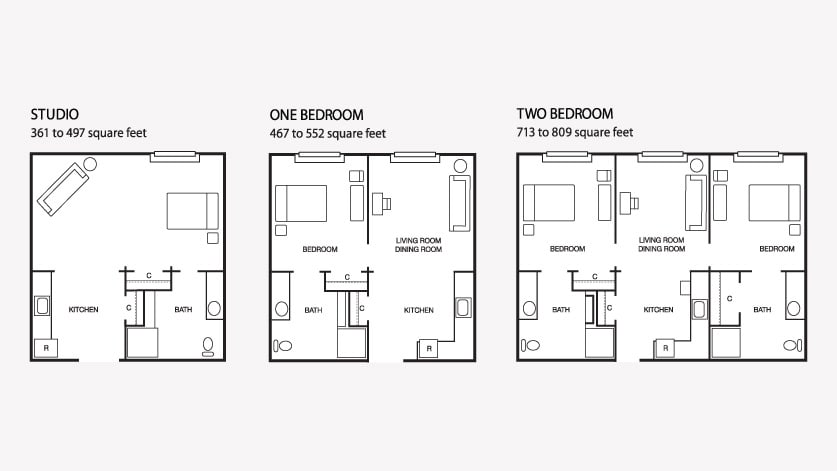 Comparison of one and two-bedroom apartment floor plans.