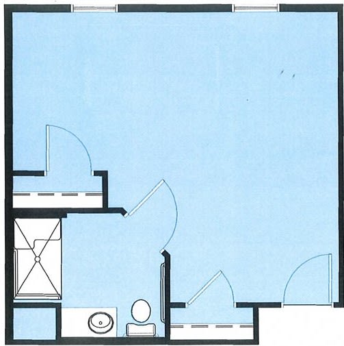 A floor plan depicting a room with a bathroom and multiple doors.