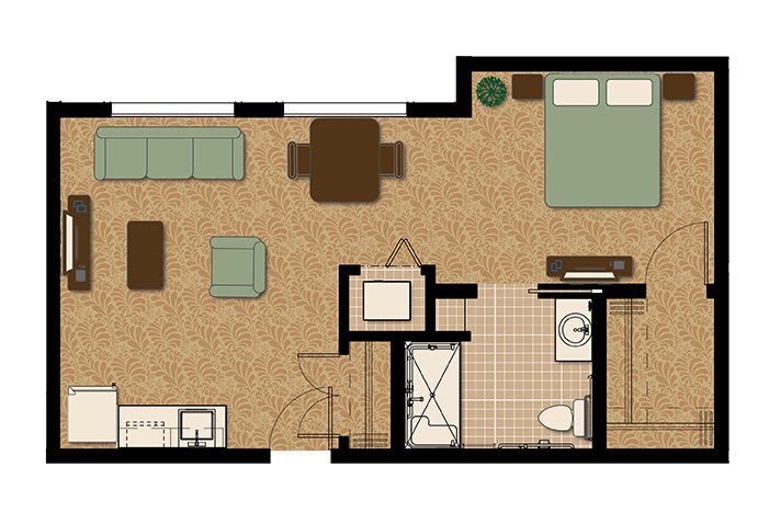 A detailed floor plan of a small apartment featuring a bedroom, living room, bathroom, and kitchen area.