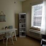 A minimalist room featuring a desk and chair next to a window, with a tall shelf for storage.