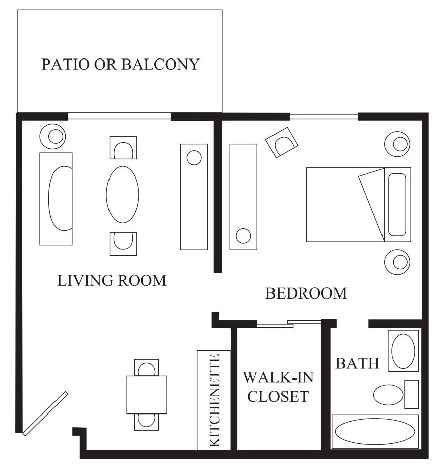 A floor plan of a one-bedroom apartment featuring a living room, kitchenette, bathroom, walk-in closet, and a patio or balcony.