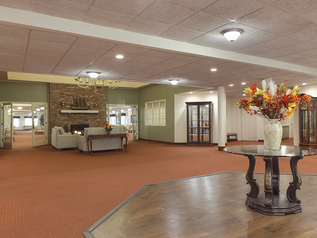 A spacious lobby area with comfortable seating and elegant decor.