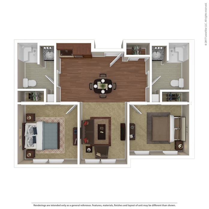 This image shows a floor plan of a two-bedroom apartment, featuring a central living area and kitchen, with bedrooms and bathrooms on either side.