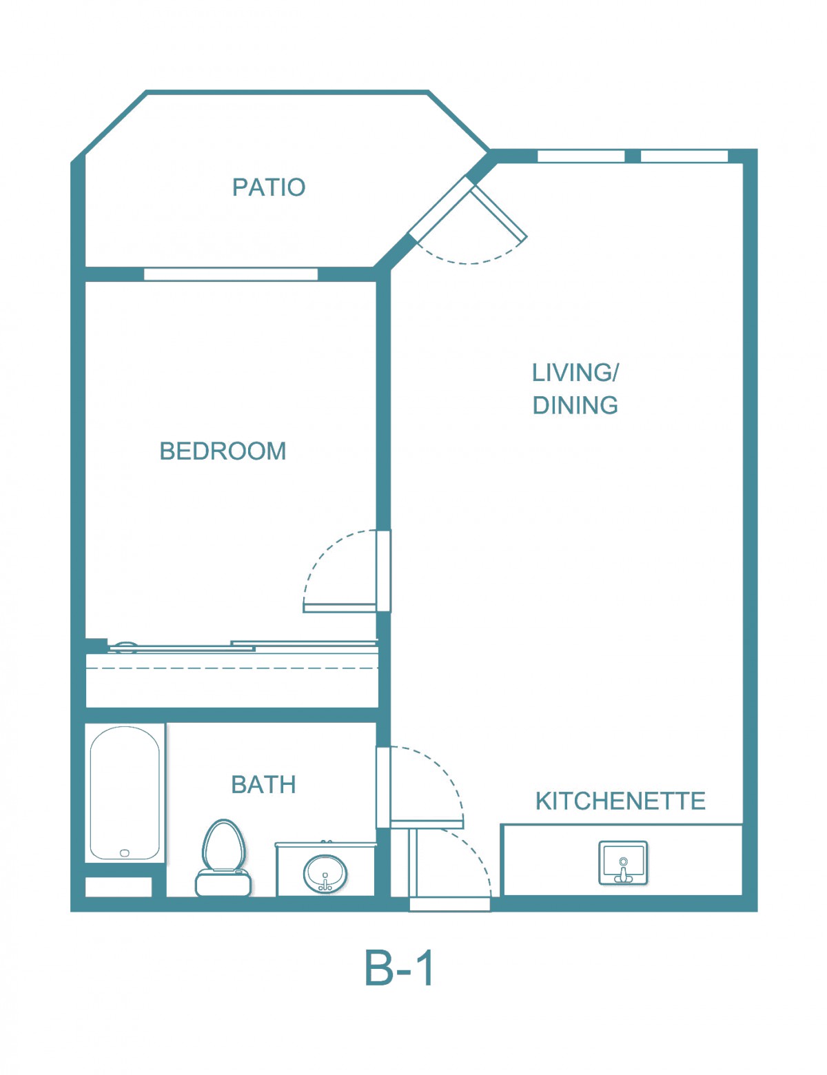 A simple studio apartment floor plan with a bedroom, living/dining area, kitchenette, bathroom, and patio.