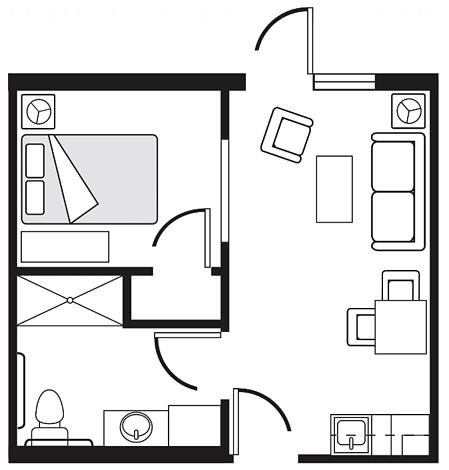 A simple floor plan of a compact apartment with a living room, bedroom, bathroom, and kitchen area.