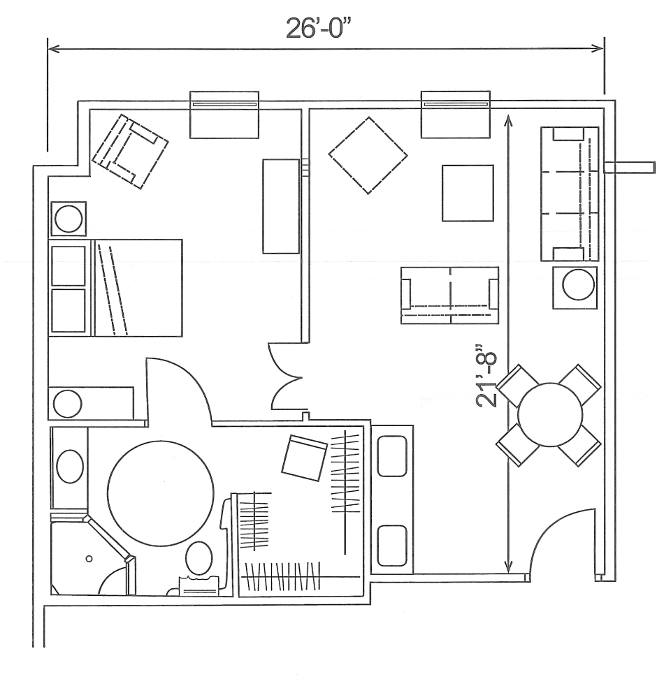 A detailed floor plan showing the layout of a small apartment with designated areas for living, dining, and sleeping.