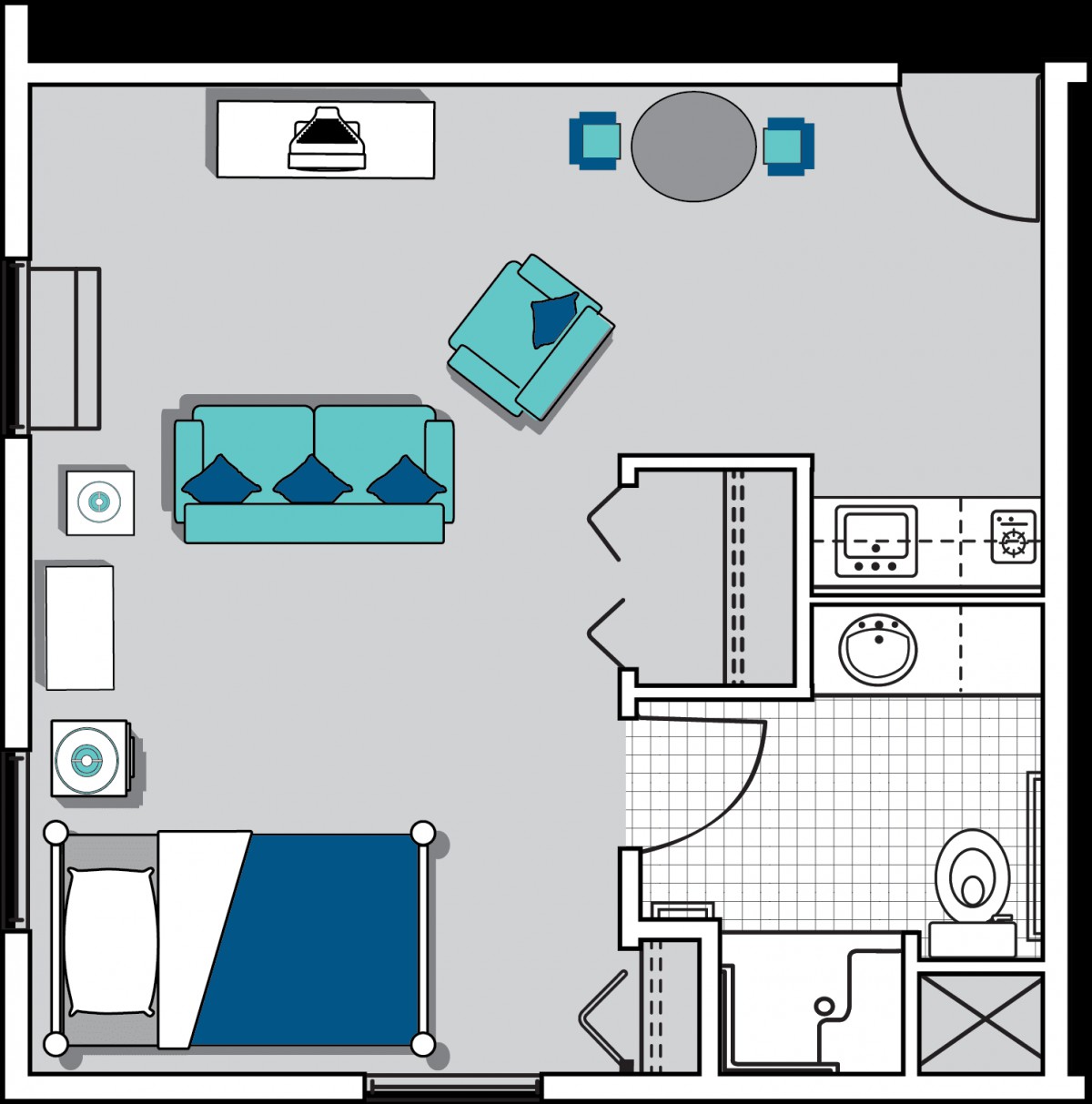 A floor plan of a studio apartment featuring a living area, kitchen, bathroom, and bedroom space.