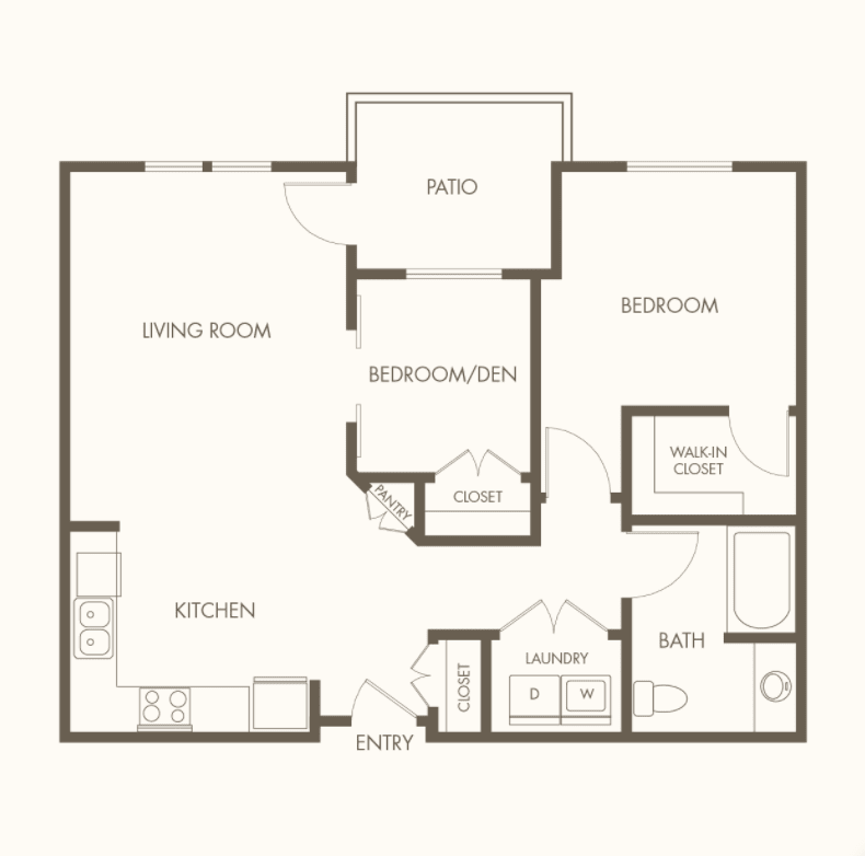 A floor plan illustrating the layout of an apartment with designated spaces for a living room, bedroom, kitchen, bathroom, and closet.